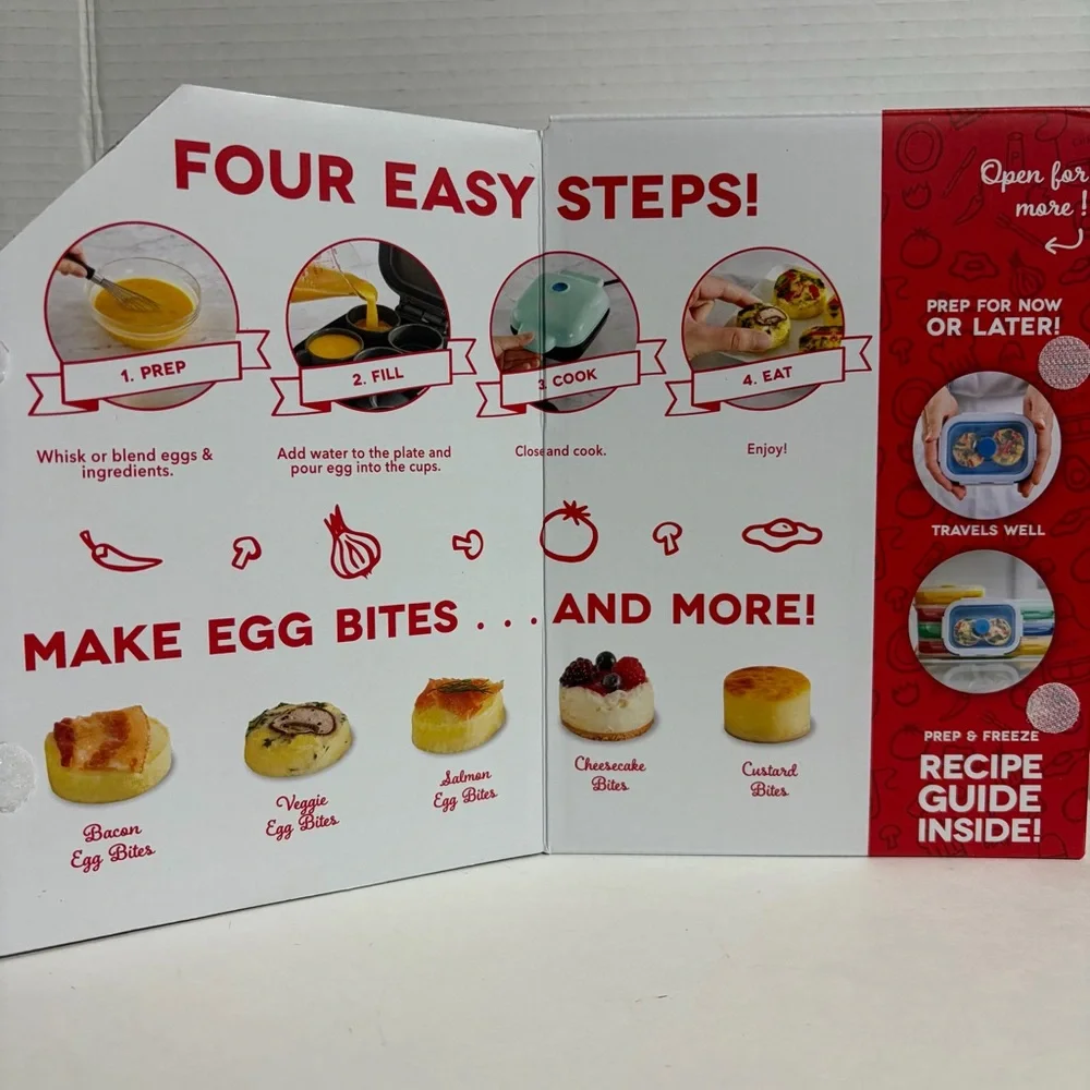 DASH Egg Bite Maker Teal NEW Open Box  4 Silicone Molds Manual Recipes 420 watts